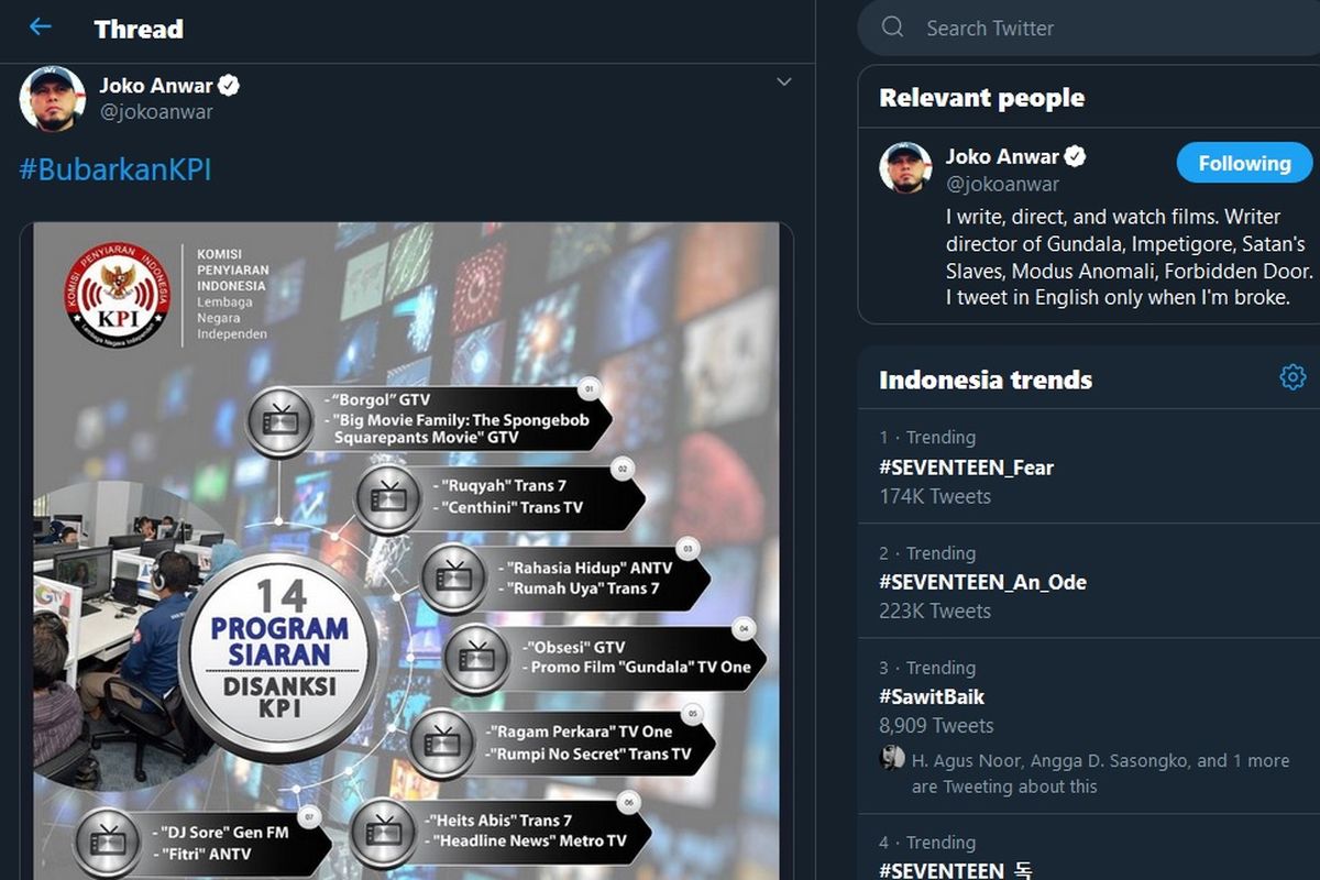 Bidik layar twit Joko Anwar yang menanggapi sanksi KPI terhadap tayangan promo film Gundala di televisi.