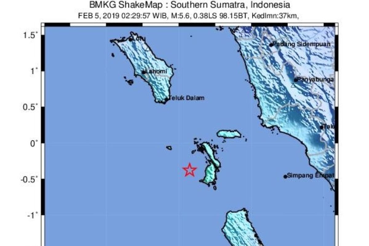 Gempa di Nias Selatan terjadi Selasa dini hari (5/2/2019) pukul 2.29 WIB. Gempa ini berkekuatan M 5,6.
