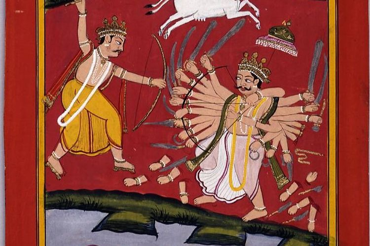 Lukisan yang menggambarkan pertempuran antara Arjuna Sasrabahu dengan Parasurama.