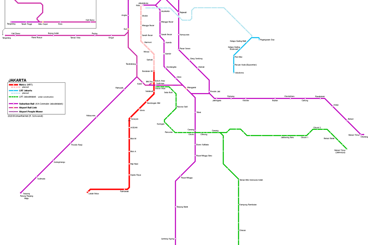 Peta jaringan transportasi umum berbasis rel yang menghubungkan Jakarta dan kota-kota sekitarnya, termasuk LRT Jabodebek dan MRT fase II yang masih dalam tahap pembangunan. Sumber: urbanrail.net.