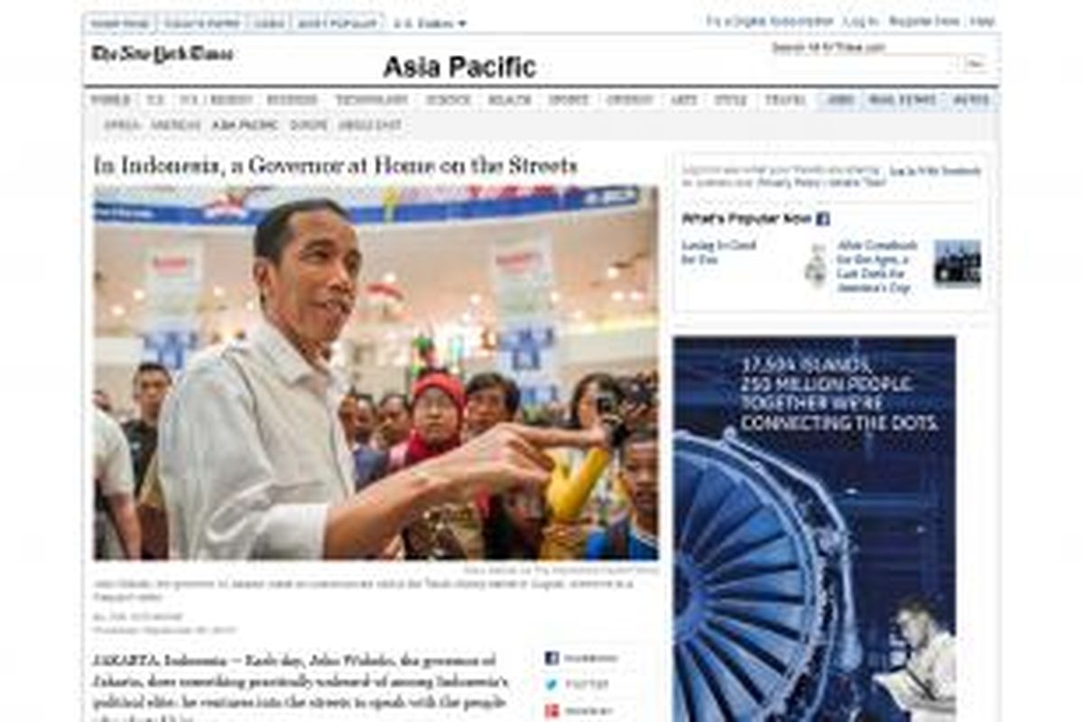Artikel tentang Gubernur DKI Jakarta Joko Widodo yang ditayangkan secara online di situs New York Times.