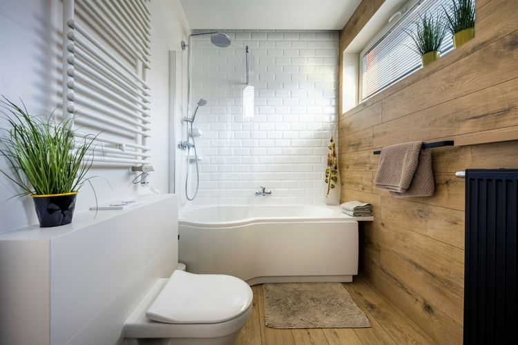 Ilustrasi kamar mandi berwarna netral dan hangat