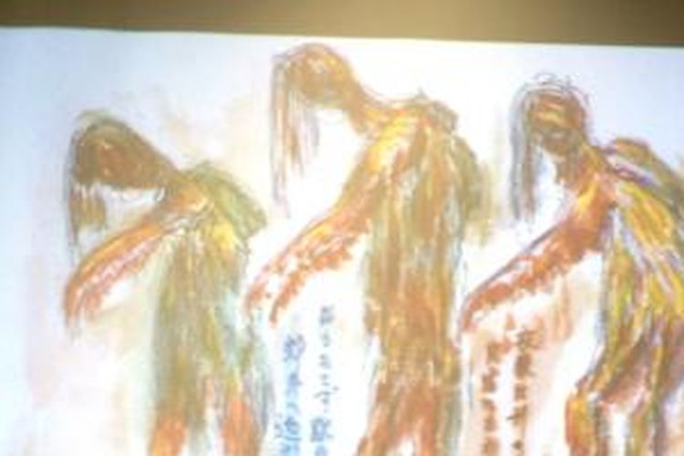 Lukisan korban bom atom yang digambar oleh seorang hibakusha. Gambar ini menunjukkan kulit tangan yang terkelupas dan menggantung.
