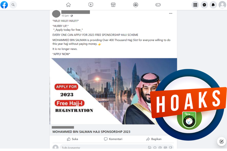Tangkapan layar unggahan dengan narasi hoaks di sebuah akun Facebook, Selasa (2/5/2023), soal tawaran naik haji gratis disponsori Mohammed bin Salman.