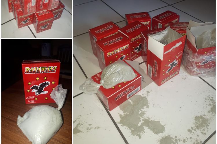 Polisi menunjukkan barangbukti bahan pengembang kue merk Rajawali yang ternyata berisi semen, Jumat (26/4/2019).‎
