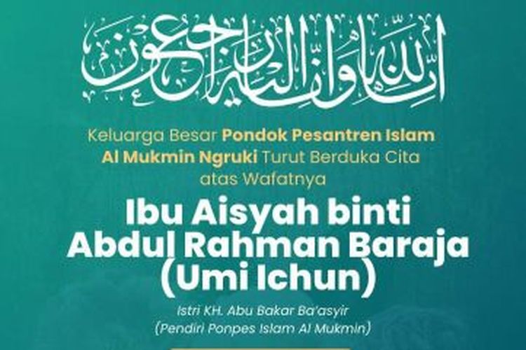 Istri Pendiri Ponpes Al Mukmin Ngruki Abu Bakar Ba'asyir Meninggal karena Sakit