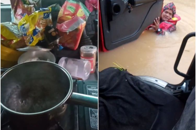 Panci di atas kompornya terlihat masih menyala meski air sudah menggenang masuk ke dalam mobilnya truk korban banjir di Malaysia.  