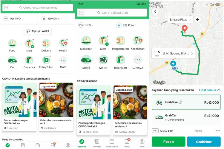 Ilustrasi ikon GrabBike yang hilang di aplikasi Grab (gambar paling kiri), serta ikon GrabBike yang masih diakses oleh beberapa warga Tangerang Selatan (gambar tengah dan kanan).