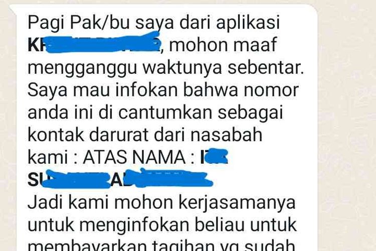 Isi pesan dari perusahaan pinjol yang menyalahgunakan nomor telepon pribadi sebagai kontak darurat nasabahnya.