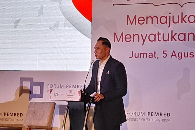 Ketua Umum Partai Demokrat Agus Harimurti Yudhoyono saat acara 10 tahun Forum Pemred di kawasan Kuningan, Jakarta, Jumat (5/8/2022).