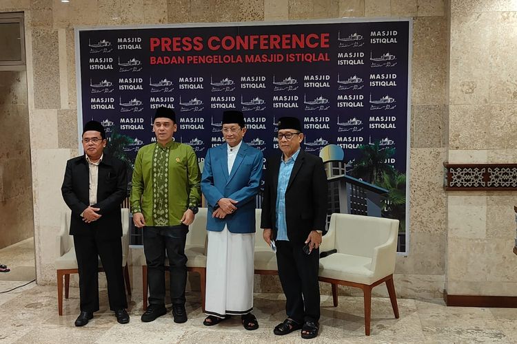 Konferensi pers persiapan pelaksanaan Salat Ied 1445 Hijriah di Masjid Istiqlal, Jakarta, Selasa (9/4/2024) yang dihadiri oleh Wakil Menteri Agama Saiful Rahmat Dasuki dan Imam Besar Masjid Istiqlal Nasaruddin Umar.
