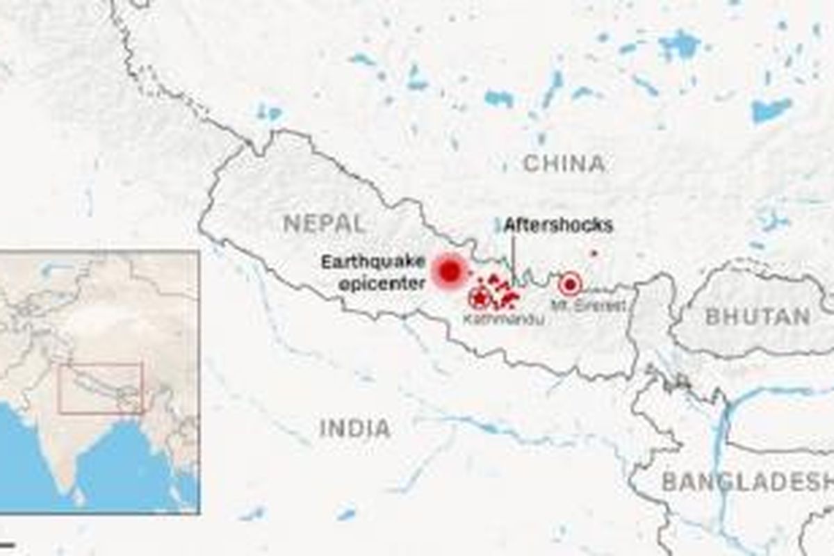 Peta lokasi episenter dan gempa susulan Gempa Nepal 