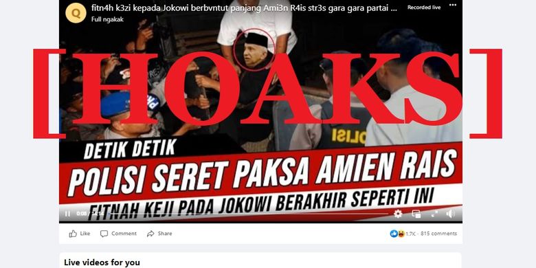 Tangkapan layar Facebook narasi yang menyebut bahwa Amies Rais diseret paksa oleh polisi karena memfitnah Jokowi