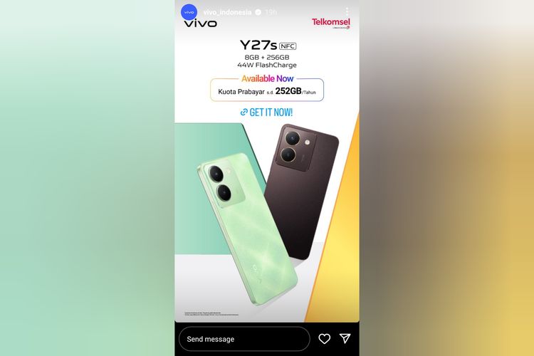 Akun Instagram resmi Vivo Indonesia yang mengumumkan ketersediaan Vivo Y27s melalui IG Stories.