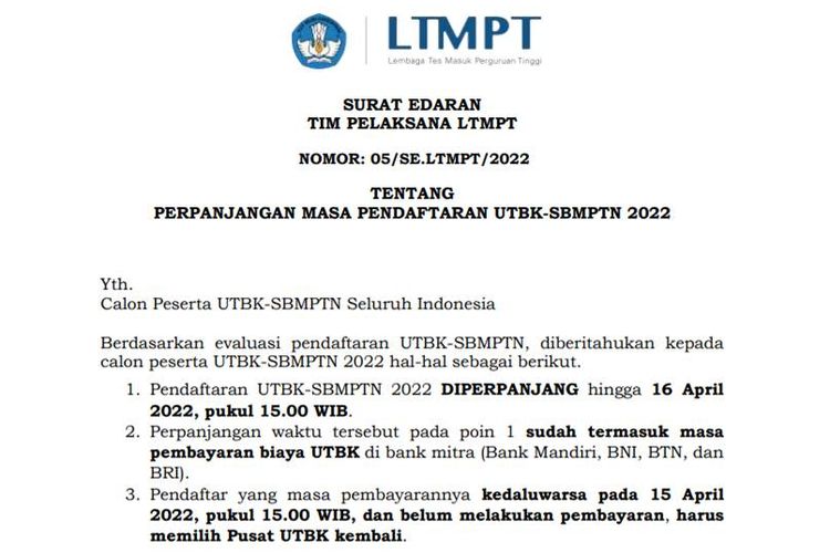 Tangkapan layar Surat Edaran LTMPT tentang perpanjangan pendaftaran UTBK 2022