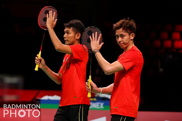 Ganda putra Indonesia Fajar Alfian/Muhammad Rian Ardianto saat tampil pada Piala Thomas 2020 di Ceres Arena, Aarhus, Denmark.