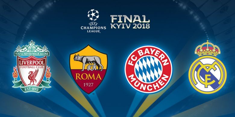 Empat tim (Liverpool, AS Roma, Bayern Muenchen, dan Real Madrid) yang berhasil melanjutkan ke laga semifinal Liga Champions 2018.