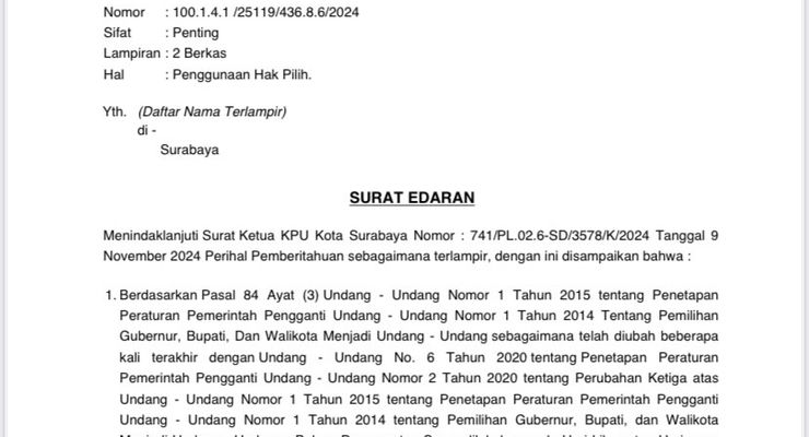 Pemkot Surabaya Terbitkan SE Imbau Pemilik Usaha Pastikan Pekerja Gunakan Hak Pilih