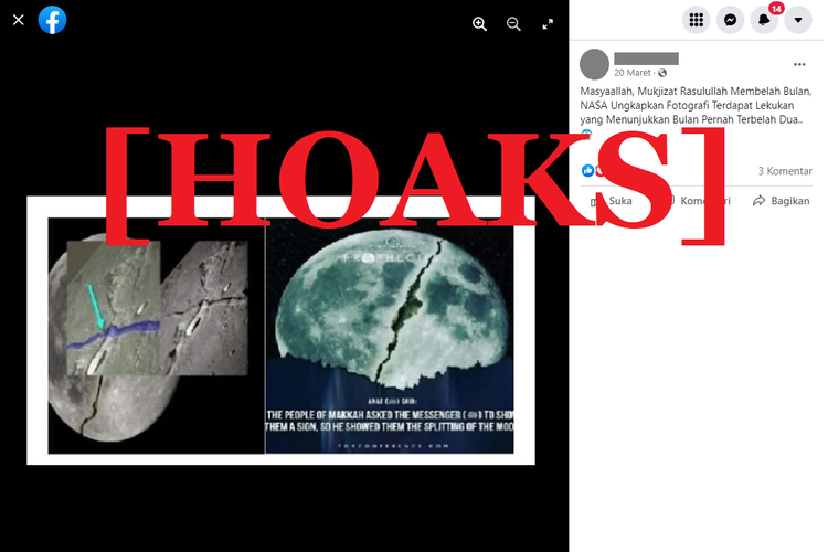 Tangkapan layar unggahan hoaks di sebuah akun Facebook, tentang foto permukaan Bulan dari NASA yang diklaim sebagai bukti Bulan terbelah dua.