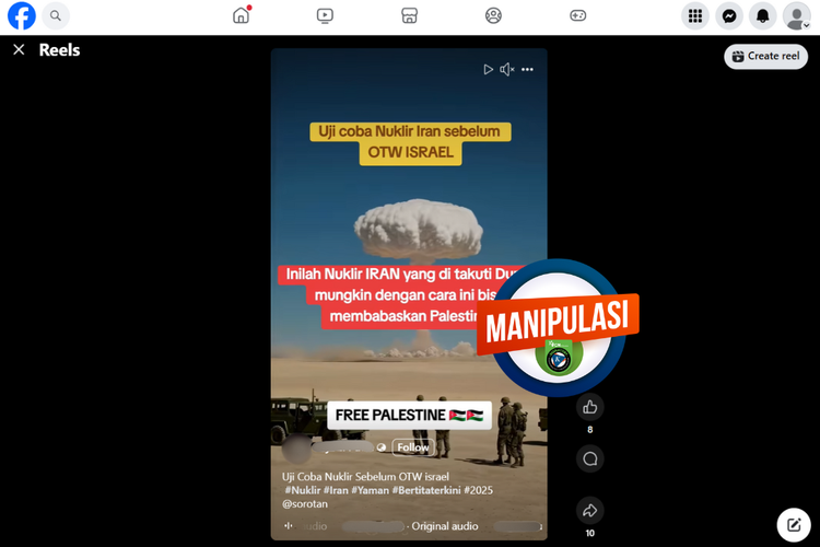 Tangkapan layar konten hoaks di sebuah akun Facebook, Selasa (25/6/2025), menampilkan video ledakan di gurun dan laut akibat uji coba nuklir Iran.