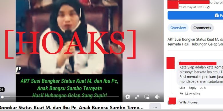 Tangkapan layar Facebook narasi yang menyebut bahwa Asisten Rumah Tangga (ART) Ferdy Sambo, Susi, mengungkapkan bahwa anak bungsu mantan Kadiv Propam Polri itu merupakan hasil hubungan gelap.