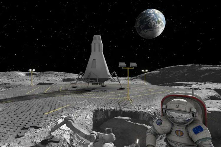 Ilustrasi jalan beraspal dan landasan pendaratan di permukaan bulan

