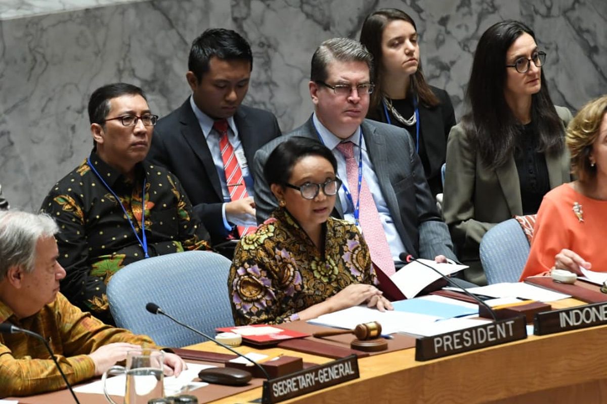 Menlu RI Retno Marsudi memimpin debat terbuka Dewan Keamanan PBB DK PBB dengan tema ?Menabur Benih Perdamaian: Meningkatkan Keselamatan dan Kinerja Misi Pemeliharaan Perdamaian (MPP) PBB? di Markas PBB di New York, Rabu (7/5/19)
