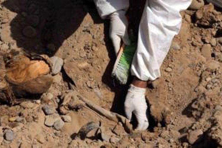 Seorang petugas forensik Irak tengah mengambil sisa-sisa tulang dari sebuah kuburan massal di kota Tikrit yang digunakan ISIS untuk memakamkan anggota militer Irak yang mereka eksekusi.