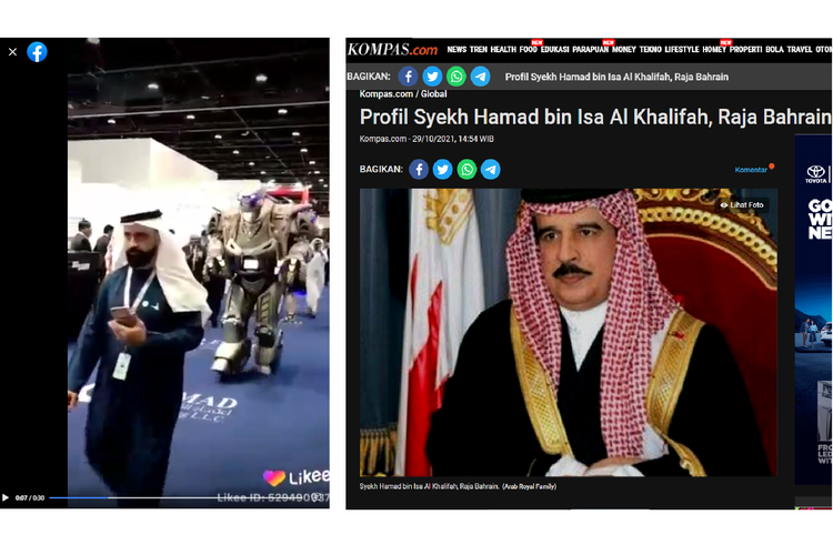 Tangkapan layar perbandingan pria dalam video pada pameran pertahanan UEA Idex di Abu Dhabi, dengan sosok Raja Bahrain.