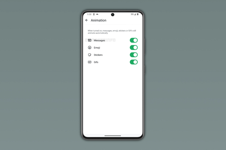 Tampilan menu Animation di WhatsApp Beta Android. Pengguna dapat mengaktifkan atau menonaktifkan animasi untuk pesan, emoji, stiker, dan GIF melalui menu Accessibility. 