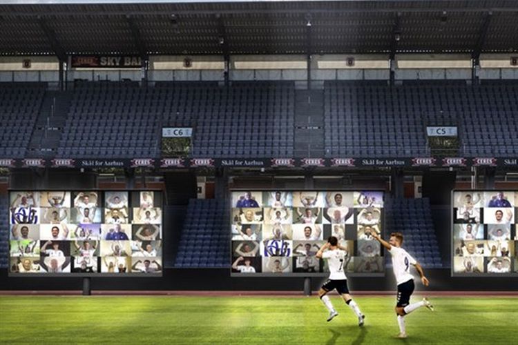 Ilustrasi tribune virtual di markas AGF Aarhus. Klub Liga Denmark tersebut berencana membuka tribune stadion mereka ke para penonton dengan menggunakan aplikasi konferensi virtual, Zoom.