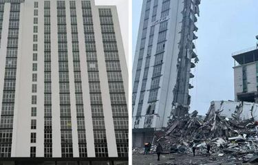 Gambar sebelum dan sesudah bencana gempa bumi; apartemen di Kota Iskanderun yang baru dibangun 2019 lalu.