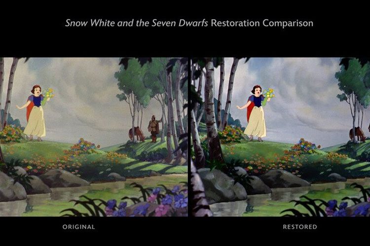 Perbedaan film Snow White and the Seven Dwarfs versi orisinal (kiri) dengan yang baru direstorasi (kanan), seperti apa yang dilihat dalam laman resmi Disney+. 