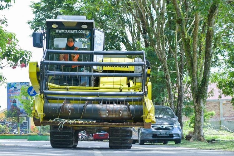 Bupati Luwu Utara Indah Putri Indriani saat melakukan uji coba dengan mengendarai Combine Harvester di halaman depan Kantor Bupati Luwu Utara, Selasa (23/11/2021).

