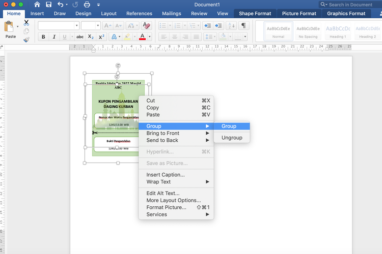 Ilustrasi cara membuat kupon Iduladha di Word dengan Shapes