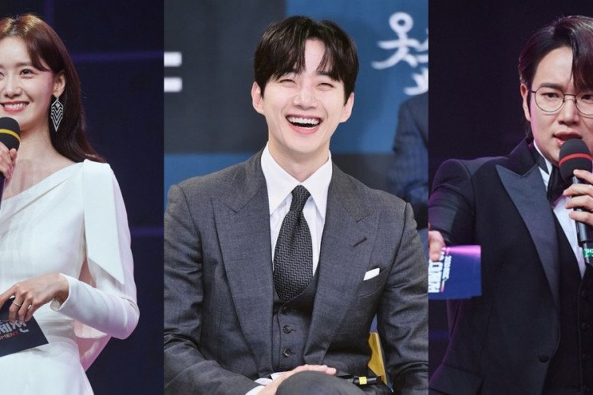 Para MC MBC Gayo Daejejeon 2021, (dari kiri) Yoona SNSD, Junho 2PM, dan Jang Sung Kyu