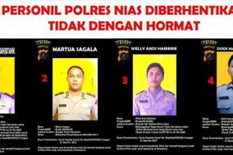 Empat anggota Kepolisian Resor Nias dipecat tidak dengan hormat (PTDH) karena tidak masuk selama 30 hari berturut-turut atau disersi, hari ini Jum’at (16/01/2015) di Mapolres Nias, Jalan Bhayangkara Nomor 1, Kelurahan Ilir, Kota Gunungsitoli, Sumatera Utara