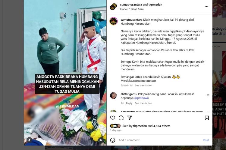 Anggota Pasukan Pengibar Bendera Pusaka (Paskibraka) asal Kecamatan Lintongnihuta, Kabupaten Humbang Hasundutan (Humbahas), Sumatera Utara, Kevin Silaban, memberi hormat kepada jenazah ayahnya.