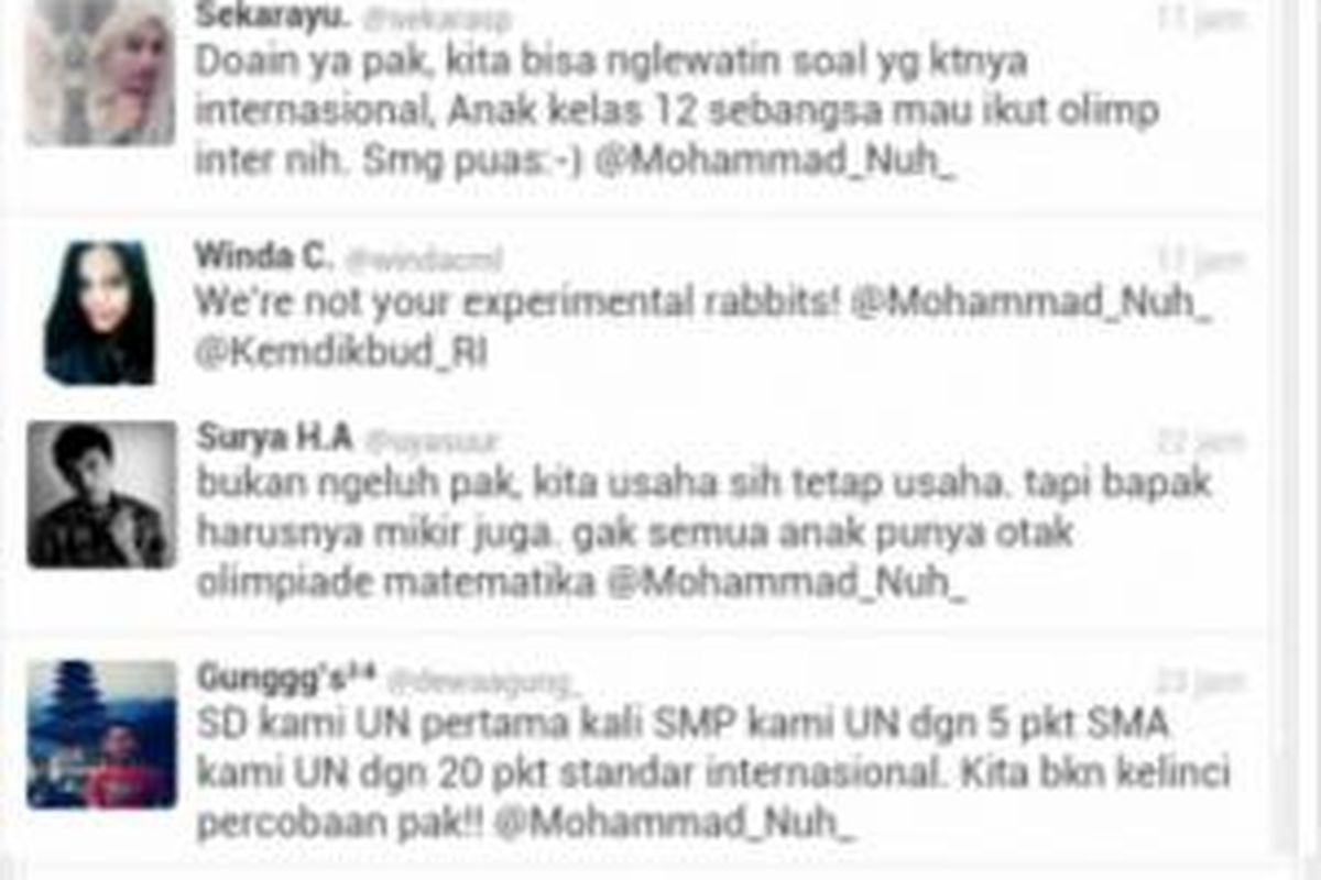 Kicauan siswa kelas 3 kepada Menteri Pendidikan dan Kebudayaan Mohammad Nuh lewat twitter