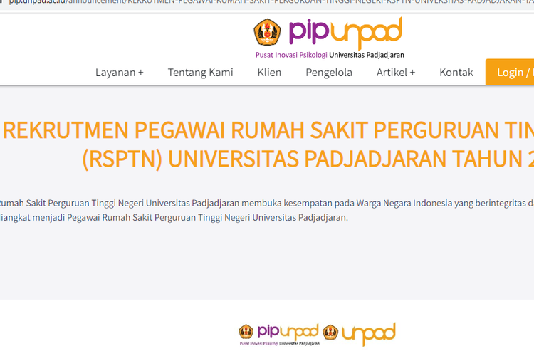Rumah Sakit Perguruan Tinggi Negeri Universitas Padjadjaran (RSPTN Unpad) membuka kesempatan pada Warga Negara Indonesia (WNI) yang berintegritas dan berdedikasi tinggi untuk diangkat menjadi Pegawai Rumah Sakit Perguruan Tinggi Negeri Universitas Padjadjaran.
