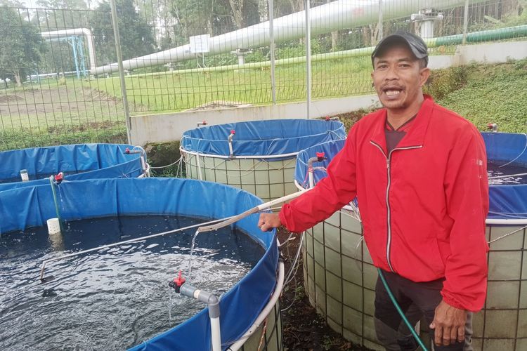Otang Maludin menjelaskan Budi daya ikan mas dan nilai dengan memanfaatkan uap panas bumi dari PLTP Kamojang pada Kamis (6/11/2025).