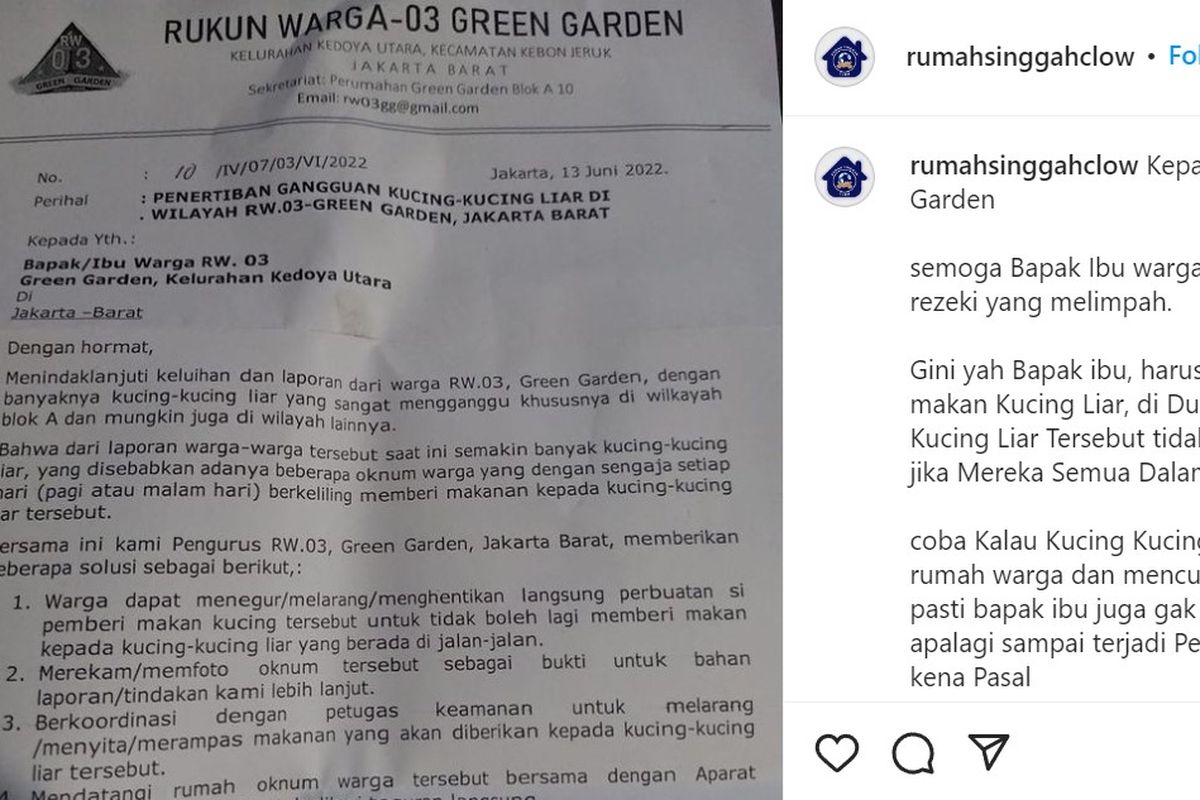 Unggahan viral warga Perumahan Green Garden, Kebon Jeruk, Jakarta Barat, mengeluhkan pemberian makan kucing liar karena menyebabkan lingkungan kotor.