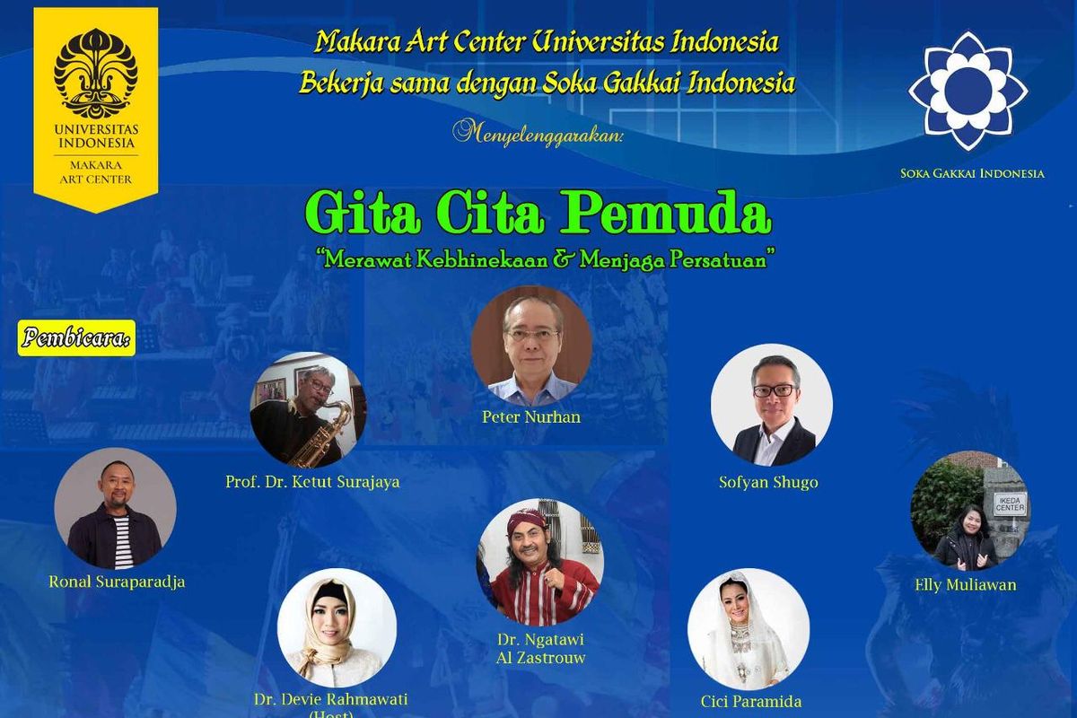 Dalam rangka memperingati hari Sumpah Pemuda, Universitas Indonesia (UI) melalui Makara Art Center UI (MAC UI) bekerja sama dengan Soka Gakkai Indonesia (SGI) bakal menyelenggarakan acara bertajuk ?Gita Cita Pemuda Indonesia?. 

Dalam rangka memperingati hari Sumpah Pemuda, Universitas Indonesia (UI) melalui Makara Art Center UI (MAC UI) bekerja sama dengan Soka Gakkai Indonesia (SGI) bakal menyelenggarakan acara bertajuk ?Gita Cita Pemuda Indonesia?. 

