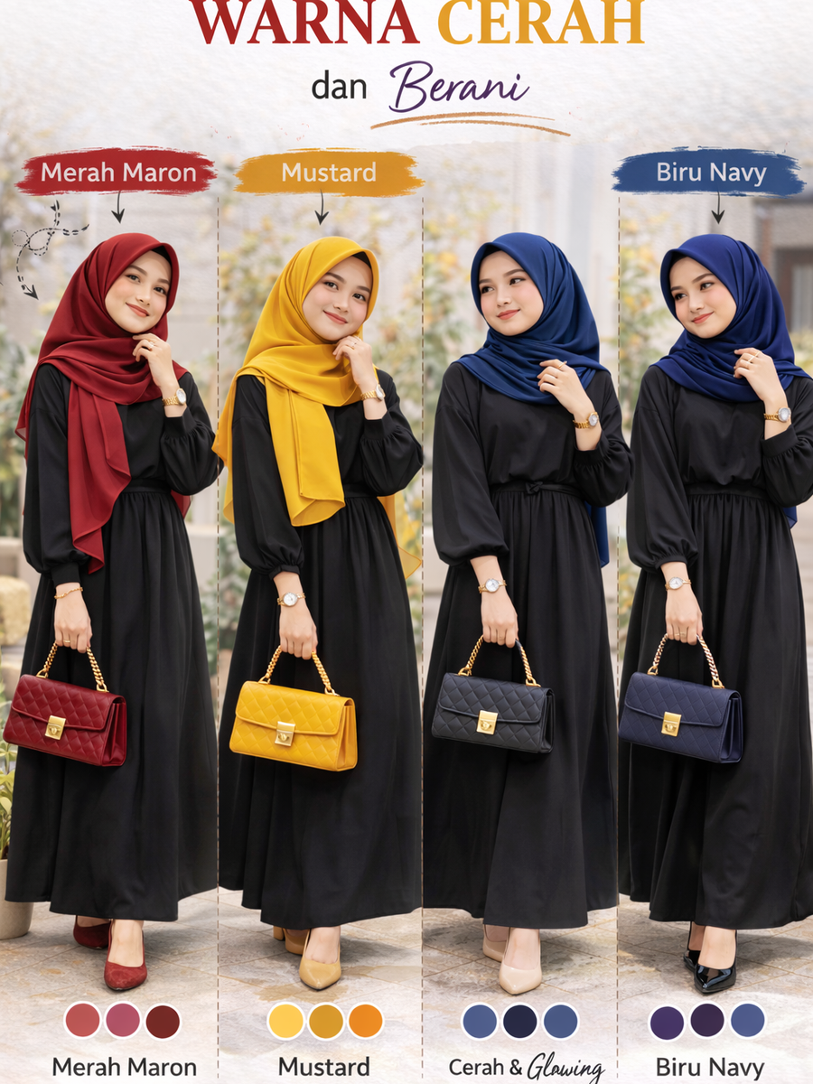 Gamis Hitam Cocok dengan Jilbab Warna Apa? Warna Cerah dan Berani