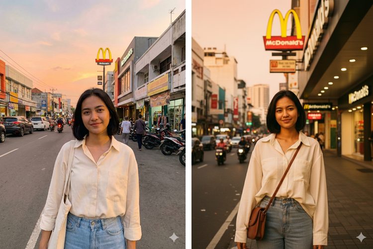 Perbandingan foto dengan pengaturan cahaya dan warna Nano Banana Pro (kiri) dan Nano Banana (kanan).