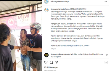 Tangkapan layar unggahan video bernarasi seorang pria kedapatan mencuri belasan bungkus rokok di Sukoharjo, Jawa Tengah.