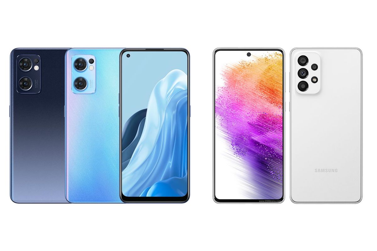 Oppo Reno7 5G (kiri) dan Samsung Galaxy A73 5G (kanan).