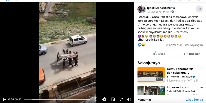 Tangkapan layar yang menarasikan proses pemakaman oleh warga Palestina