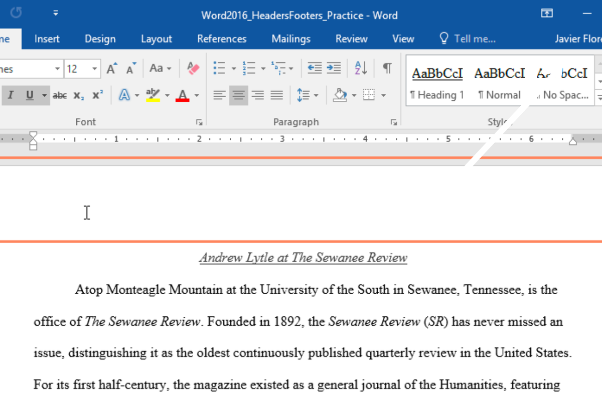 Ilustrasi header di Microsoft Word