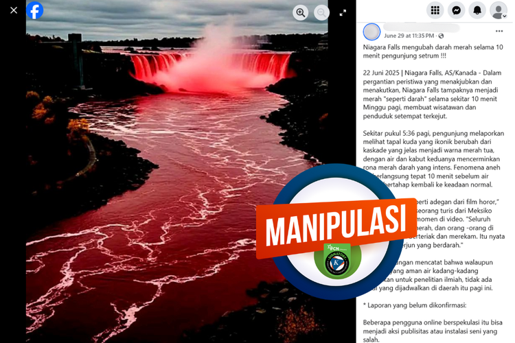 Tangkapan layar konten manipulatif di sebuah akun Facebook, Minggu (29/6/2025), mengenai air terjun Niagara berubah menjadi merah.